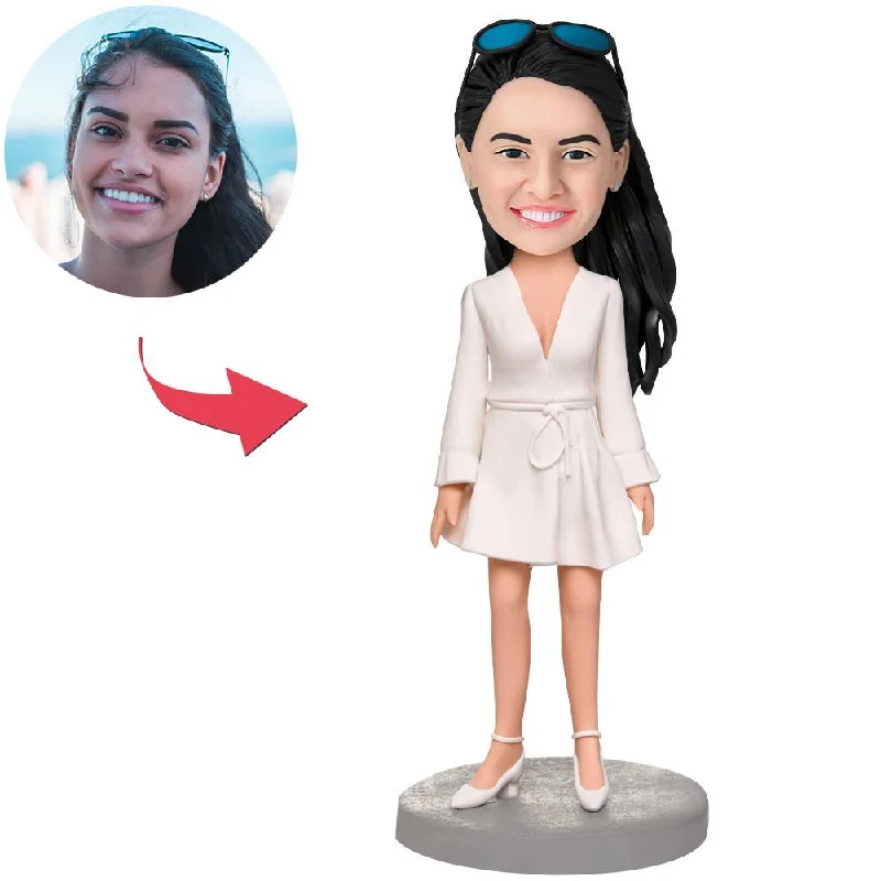Custom Beautiful Girl Wear White Dress Bobbleheads With Engraved Text Tunics Leisure comfortable Custom Beautiful Girl Wear White Dress Bobbleheads With Engraved Text Tunics Leisure comfortable