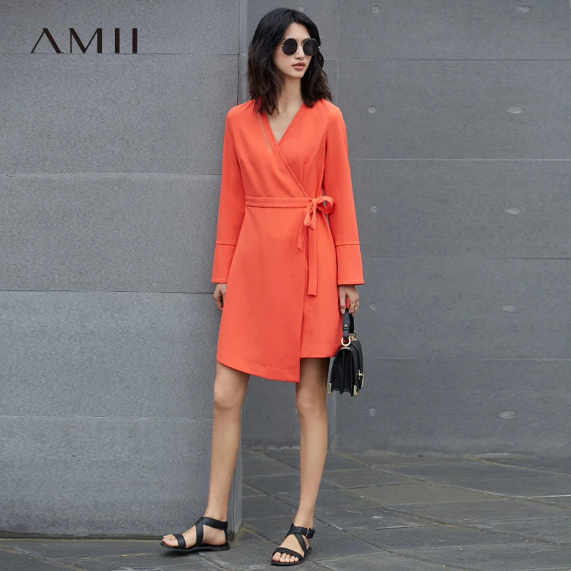 Amii Minimalist Casual Women Dress 2018 V-Neck Knee High Long Sleeve Solid Dresses Tunics Handmade artisanal Amii Minimalist Casual Women Dress 2018 V-Neck Knee High Long Sleeve Solid Dresses Tunics Handmade artisanal