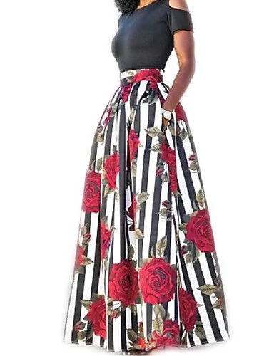 Women's Holiday Cotton Two Piece Dress - Striped Floral Print Maxi Pencil Office Professional Women's Holiday Cotton Two Piece Dress - Striped Floral Print Maxi Pencil Office Professional