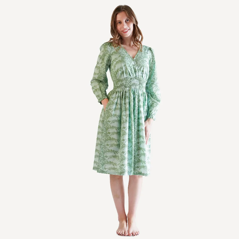 womens long sleeve smocked v-neck dress | green lily | organic cotton woven Tunics Business professional womens long sleeve smocked v-neck dress | green lily | organic cotton woven Tunics Business professional