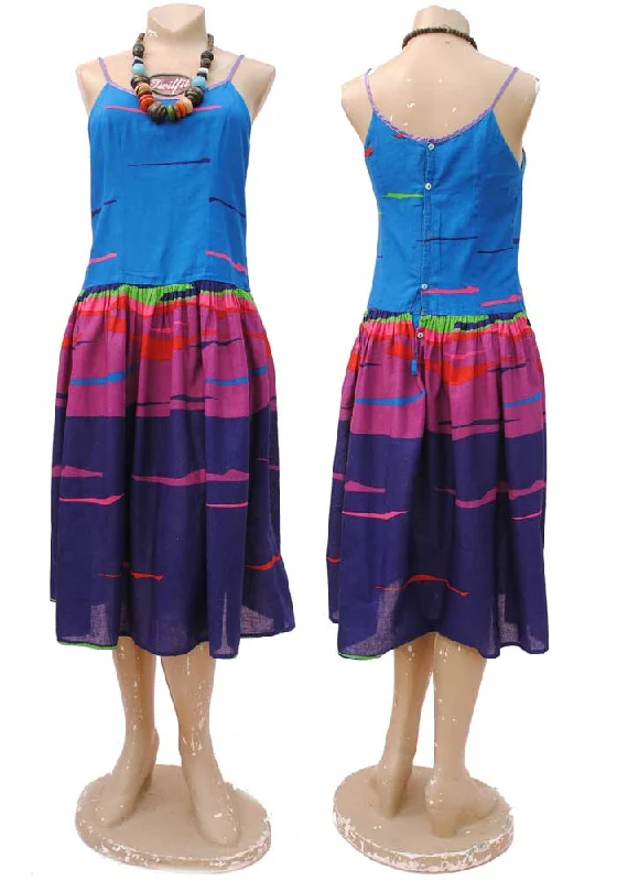 1980s Vintage Gauze Cotton Turquoise Purple Strappy Sun Dress • Monsoon Casual Short Summer 1980s Vintage Gauze Cotton Turquoise Purple Strappy Sun Dress • Monsoon Casual Short Summer