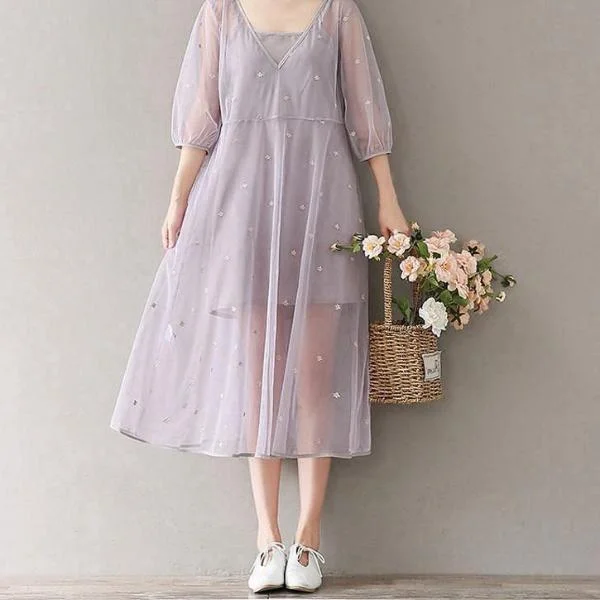 Mferlier Mori Girl Artsy Mesh Summer Dress V Neck Short Sleeve Embroidery Women Loose Casual Two Pieces Summer Dresses Tunics Chinos classic Mferlier Mori Girl Artsy Mesh Summer Dress V Neck Short Sleeve Embroidery Women Loose Casual Two Pieces Summer Dresses Tunics Chinos classic