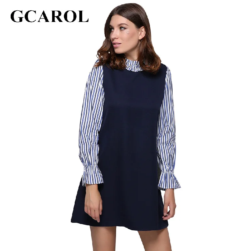 GCAROL Women New Striped Sleeve Spliced Dress Standard Collar Fake Two Pieces Dress Vintage Retro Spring Autumn Winter Dress Tunics Silk luxurious GCAROL Women New Striped Sleeve Spliced Dress Standard Collar Fake Two Pieces Dress Vintage Retro Spring Autumn Winter Dress Tunics Silk luxurious