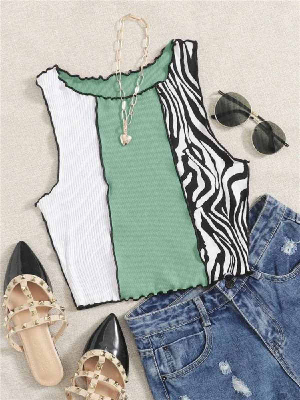 Wjczt Zebra Stripe Graphic Patchwork Rib Knit Ruched Crop Vest Women Y2K Clothes Summer Harajuku Sleeveless Tank Tops Streetwear flowy tank top
