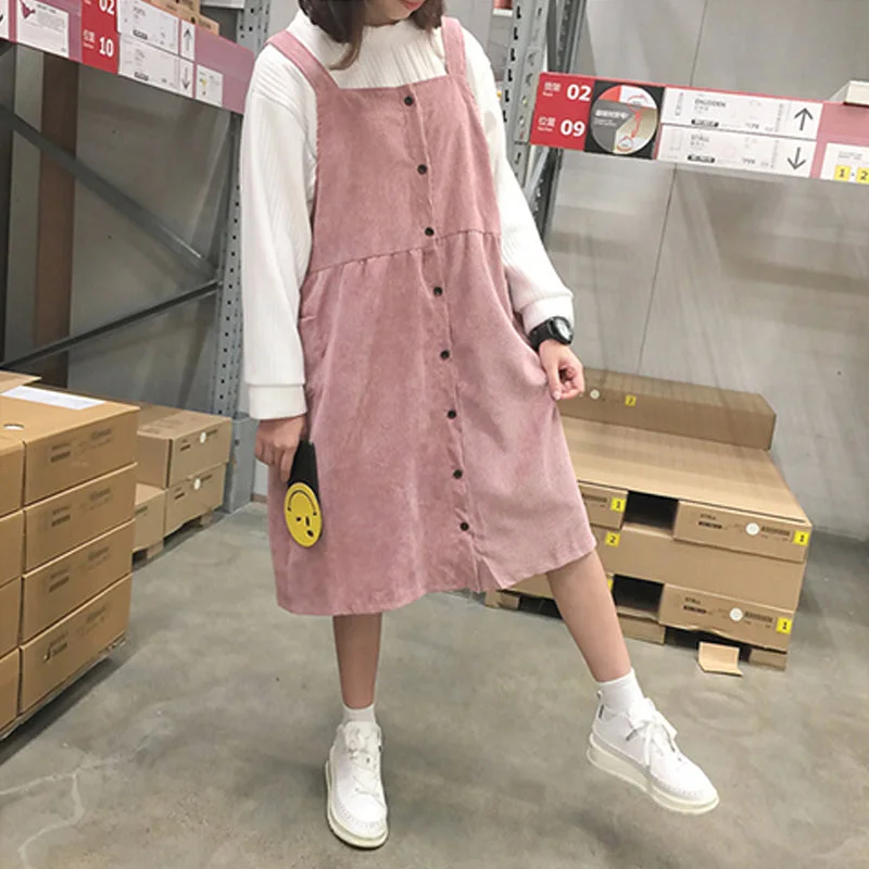 Autumn and winter women's new corduroy dress student campus style solid colour loose Medium and long Strap dress Tunics Plaid country Autumn and winter women's new corduroy dress student campus style solid colour loose Medium and long Strap dress Tunics Plaid country