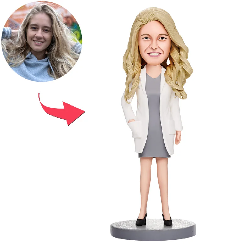 Custom Female Doctor In White Dress Women With Heart Bobbleheads With Engraved Text Crew Neckline Casual Custom Female Doctor In White Dress Women With Heart Bobbleheads With Engraved Text Crew Neckline Casual