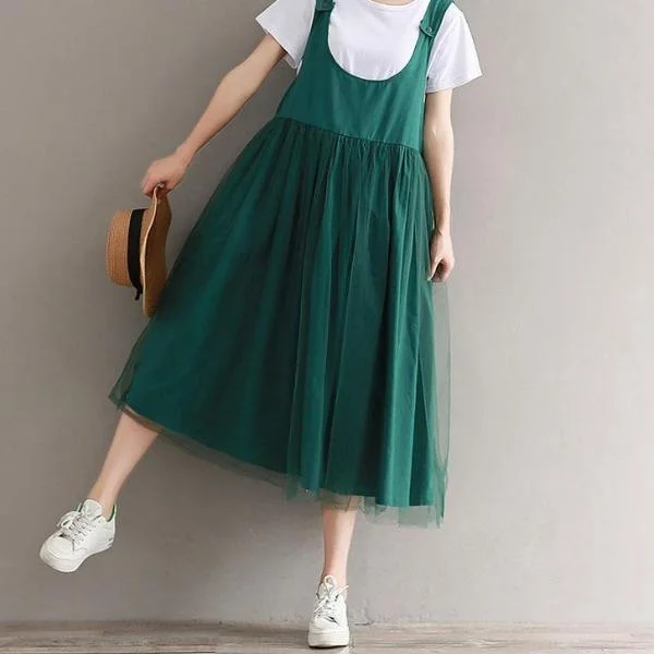 Mferlier Mori Girl Sleeveless Green Summer Dress O Neck Mesh Patchwork Loose Casual Women Solid All Match Artsy Tunics Denim casual Mferlier Mori Girl Sleeveless Green Summer Dress O Neck Mesh Patchwork Loose Casual Women Solid All Match Artsy Tunics Denim casual