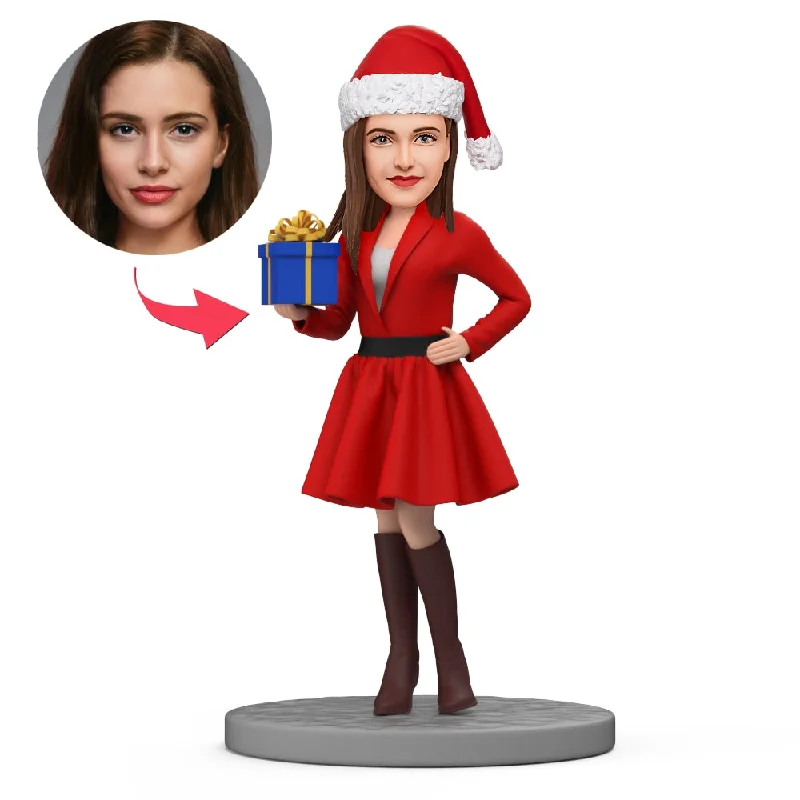 Christmas Gift Custom Bobble Head Beautiful Lady in Dress Holding Gift Tunics Party sparkling Christmas Gift Custom Bobble Head Beautiful Lady in Dress Holding Gift Tunics Party sparkling
