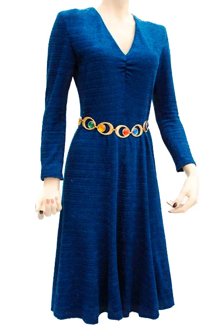1970s Cobalt Blue Boucle Knitted Polyester Long Sleeved Flared Dress Tunics Custom made 1970s Cobalt Blue Boucle Knitted Polyester Long Sleeved Flared Dress Tunics Custom made