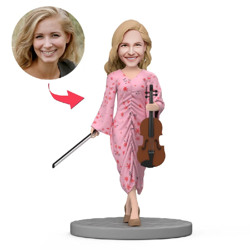 Custom Bobbleheads Woman Wear Pink Dress Hold Violin with Engraved Text Tunics Formal black Custom Bobbleheads Woman Wear Pink Dress Hold Violin with Engraved Text Tunics Formal black