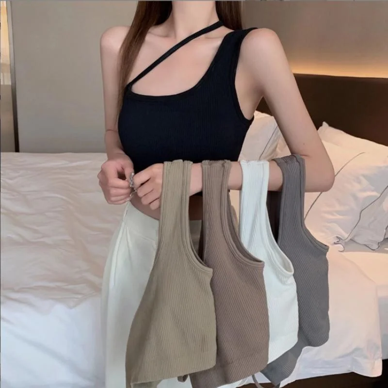 Wjczt Women's Sexy Beautiful Back Tank Top Slant Neck Knitting Ribbed Camisole Seamless Wireless Padded Underwear Summer Streetwear scoop neck tank
