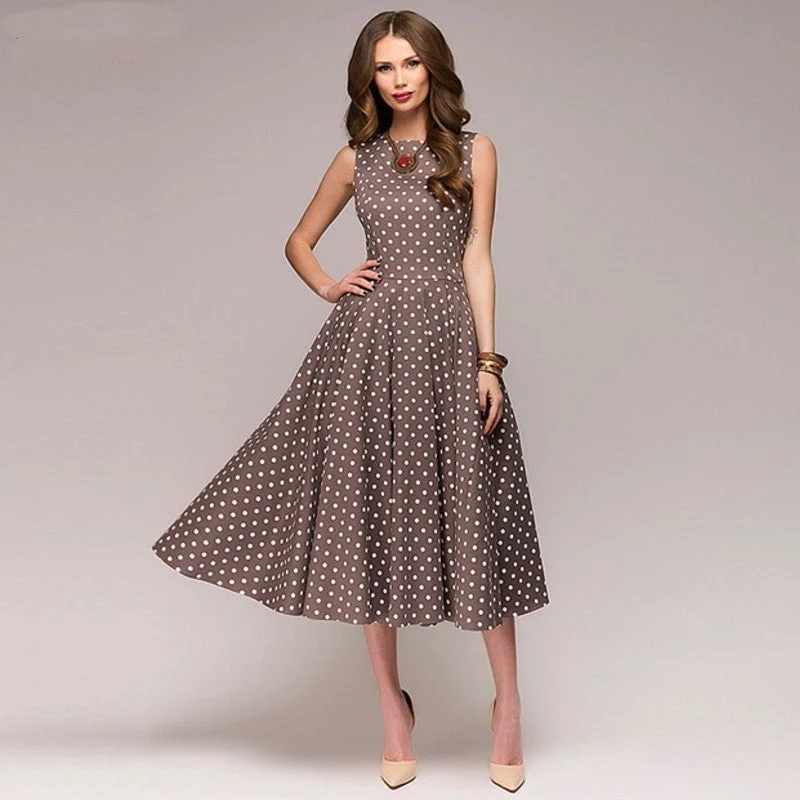 Vintage dress 2018 Summer New sleeveless O-neck vestidos Women elegant thin dot printing Mid-Calf casual dress Female Tunics Running lightweight Vintage dress 2018 Summer New sleeveless O-neck vestidos Women elegant thin dot printing Mid-Calf casual dress Female Tunics Running lightweight