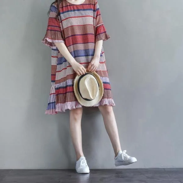 Mferlier Women Artsy Pleated Chiffon Dress O Neck Butterfly Sleeve Ruffles Hem Patchwork Summer Beach Dress Tunics Distressed trendy Mferlier Women Artsy Pleated Chiffon Dress O Neck Butterfly Sleeve Ruffles Hem Patchwork Summer Beach Dress Tunics Distressed trendy