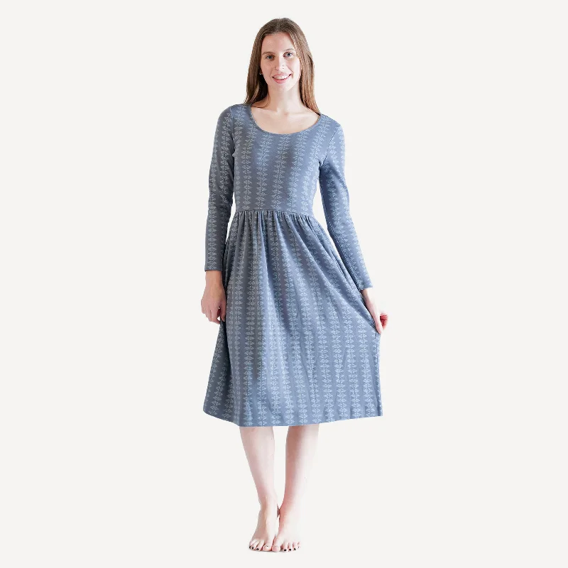 womens long sleeve scoop neck gathered dress | block print leaves | organic cotton interlock Tunics Evening elegant womens long sleeve scoop neck gathered dress | block print leaves | organic cotton interlock Tunics Evening elegant