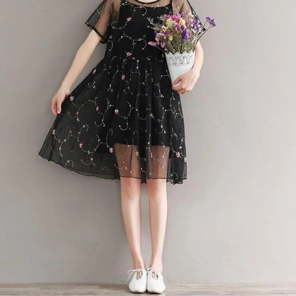Mferlier Mori Girl Summer Mesh Embroidery Retro Dress O Neck Short Sleeve Women Artsy Waist Pleated Two Pieces Woman Dress Tunics Velvet soft Mferlier Mori Girl Summer Mesh Embroidery Retro Dress O Neck Short Sleeve Women Artsy Waist Pleated Two Pieces Woman Dress Tunics Velvet soft