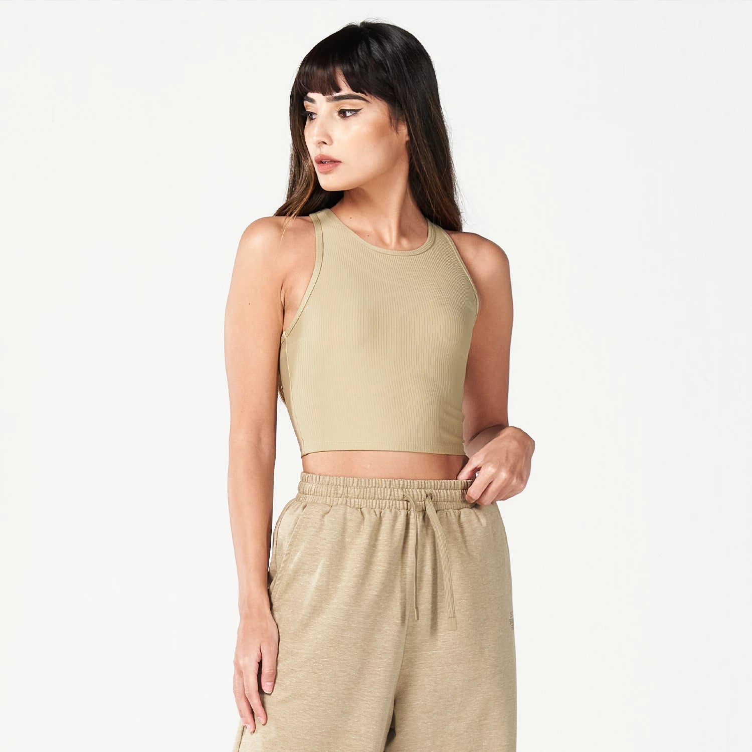 Code Ribbed Crop Tank - Sand lace tank top