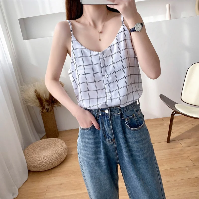Wjczt Women's Vest Top Chiffon Plaid Camisole Loose Sleeveless Vest Women's Tank Top # Camis # Women's Camis relaxed fit tank