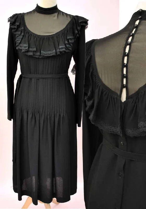 1970s Vintage Black Chiffon Pleated Cocktail Dress • Illusion Bodice Tunics Trendy modern 1970s Vintage Black Chiffon Pleated Cocktail Dress • Illusion Bodice Tunics Trendy modern