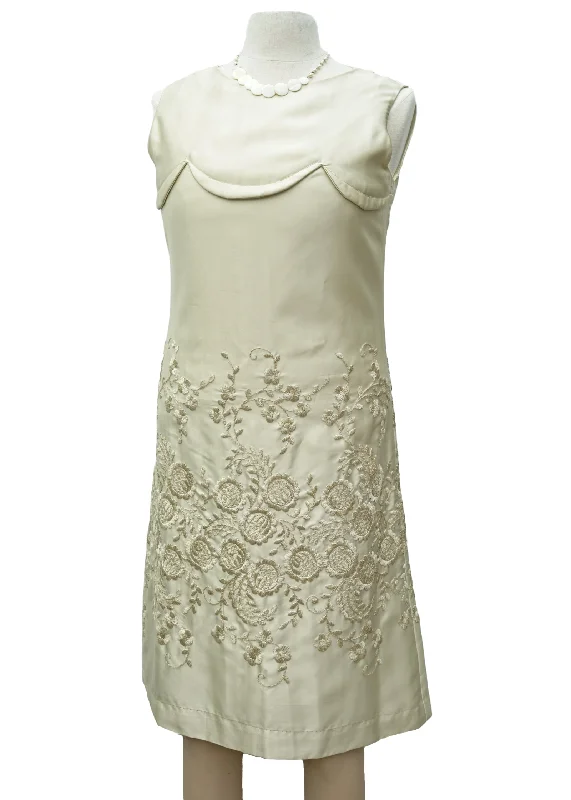 1960s Vintage Champagne Cream Satin Embroidered Shift Dress • Wedding Tunics Occasion special 1960s Vintage Champagne Cream Satin Embroidered Shift Dress • Wedding Tunics Occasion special