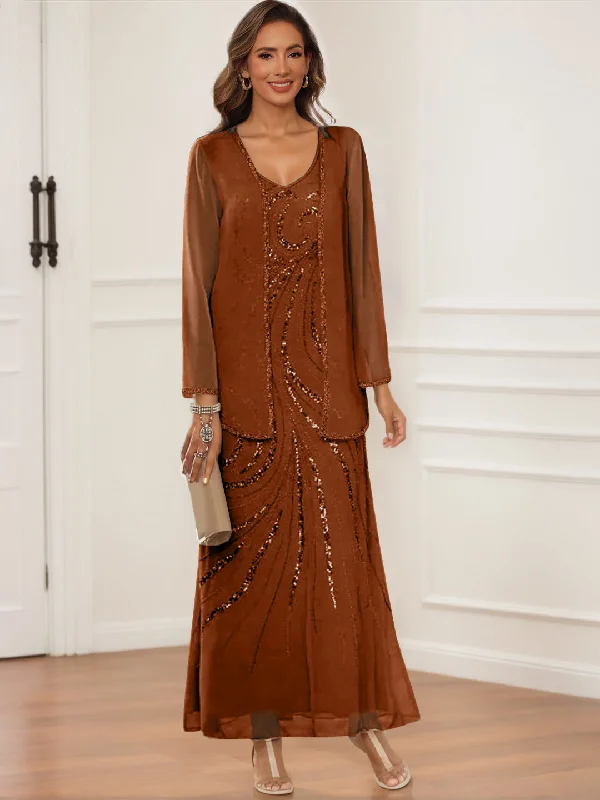 Sheath/Column V-Neck Ankle-Length Mother of the Bride & Groom Dresses with Jacket & Sequins Zippered Front Buttoned Front Snap Front Sheath/Column V-Neck Ankle-Length Mother of the Bride & Groom Dresses with Jacket & Sequins Zippered Front Buttoned Front Snap Front
