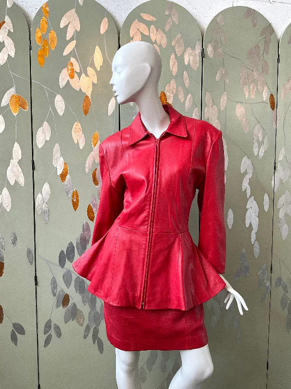 Vintage 1980s Red Leather Peplum Jacket & Skirt Set, Medium Zippered Jacket Buttoned Jacket Snapped Jacket Vintage 1980s Red Leather Peplum Jacket & Skirt Set, Medium Zippered Jacket Buttoned Jacket Snapped Jacket