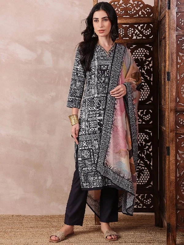 Black Silk Blend Geometric Printed Straight Kurta Trouser With Dupatta Trousers Leisure Comfortable Black Silk Blend Geometric Printed Straight Kurta Trouser With Dupatta Trousers Leisure Comfortable