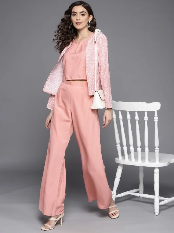 Women Pink Solid Top & Palazzo with Printed Jacket Bomber Jacket Anorak Windbreaker Women Pink Solid Top & Palazzo with Printed Jacket Bomber Jacket Anorak Windbreaker