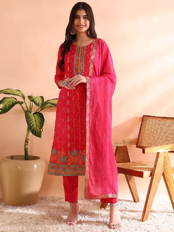 Pink Chanderi Silk Ethnic Motifs Woven Design Straight Kurta Trousers With Dupatta Trousers Handmade Artisanal Pink Chanderi Silk Ethnic Motifs Woven Design Straight Kurta Trousers With Dupatta Trousers Handmade Artisanal