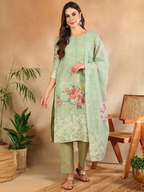 Green Linen Blend Floral Woven Design Straight Kurta Trouser With Dupatta Trousers Chinos Classic Green Linen Blend Floral Woven Design Straight Kurta Trouser With Dupatta Trousers Chinos Classic