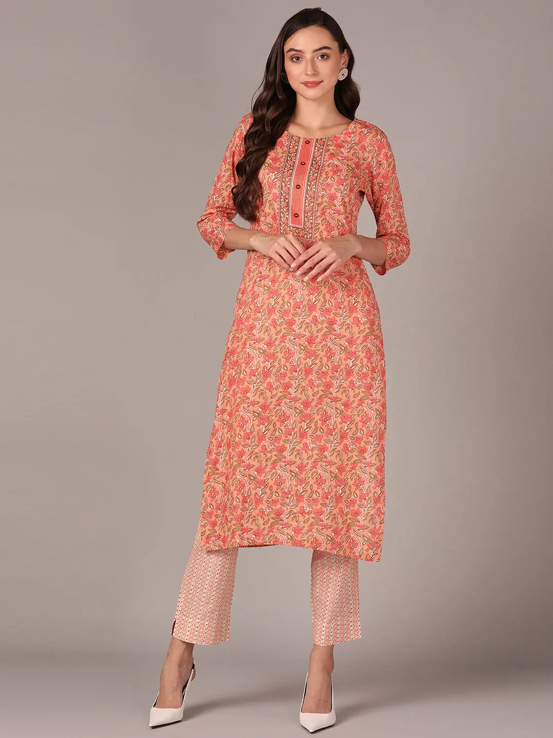 Ahika Women Peach Cotton Blend Floral Printed Straight Kurta With Trouser Trousers luxurious premium Ahika Women Peach Cotton Blend Floral Printed Straight Kurta With Trouser Trousers luxurious premium