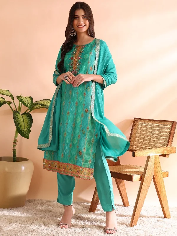 Sea Green Silk Blend Ethnic Motifs Woven Design Straight Kurta Trousers With Dupatta Trousers Exclusive Limited Sea Green Silk Blend Ethnic Motifs Woven Design Straight Kurta Trousers With Dupatta Trousers Exclusive Limited