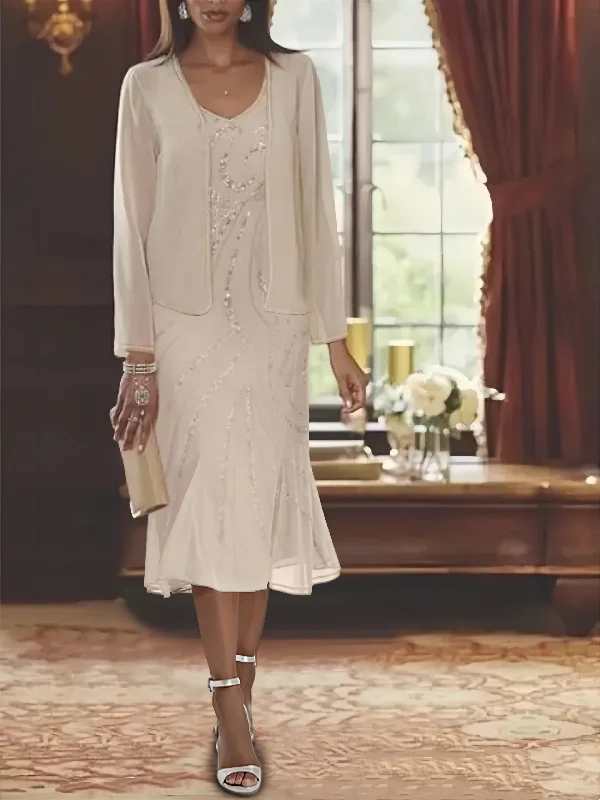 Chiffon 2 Pieces V-Neck Knee-Length Mother of the Bride Dresses with Jacket & Sequins Striped Jacket Polka Dot Jacket Floral Jacket Chiffon 2 Pieces V-Neck Knee-Length Mother of the Bride Dresses with Jacket & Sequins Striped Jacket Polka Dot Jacket Floral Jacket
