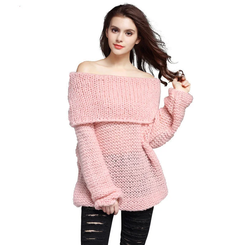Lovely Pink Women Sweater Slash Neck Off Shoulder Loose Long Sleeve Hollow Coarse Lines Knitted Pullovers Soft Wool Sweater Lovely Pink Women Sweater Slash Neck Off Shoulder Loose Long Sleeve Hollow Coarse Lines Knitted Pullovers Soft Wool Sweater