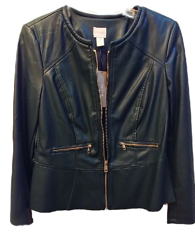 *NEW WITH TAG - CHICO'S CHIC FAUX LEATHER MOTO JACKET IN DARK FOREST GREEN ACCENTED WITH SPARKLING LARGE GOLD ZIPPERS - WOULD MAKE A WONDERFUL CHRISTMAS OR BIRTHDAY GIFT Stand-Up Collar Roll-Neck Collar Turtle Neck *NEW WITH TAG - CHICO'S CHIC FAUX LEATHER MOTO JACKET IN DARK FOREST GREEN ACCENTED WITH SPARKLING LARGE GOLD ZIPPERS - WOULD MAKE A WONDERFUL CHRISTMAS OR BIRTHDAY GIFT Stand-Up Collar Roll-Neck Collar Turtle Neck