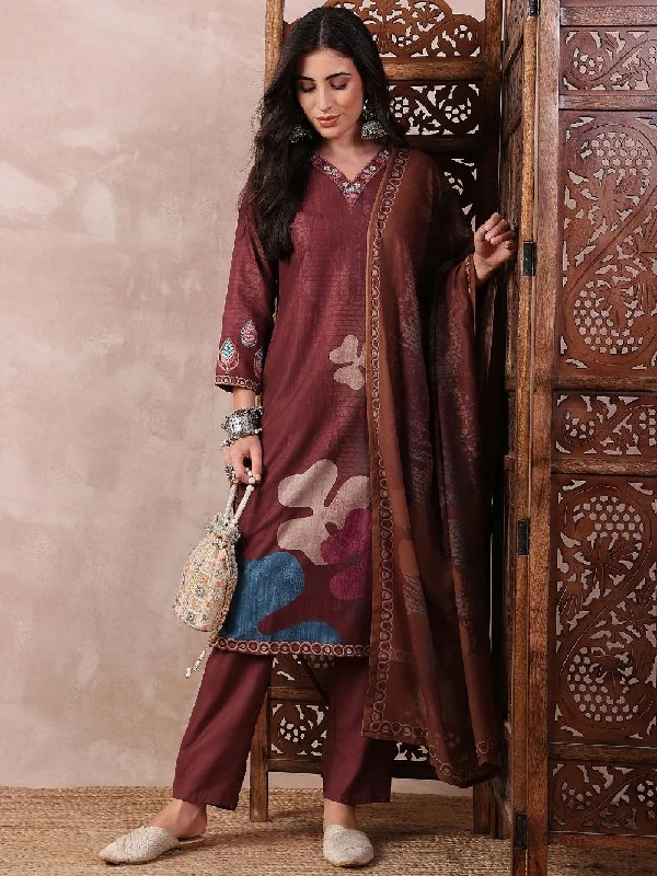 Brown Silk Blend Floral Printed Straight Kurta Trouser With Dupatta Trousers Office Stylish Brown Silk Blend Floral Printed Straight Kurta Trouser With Dupatta Trousers Office Stylish