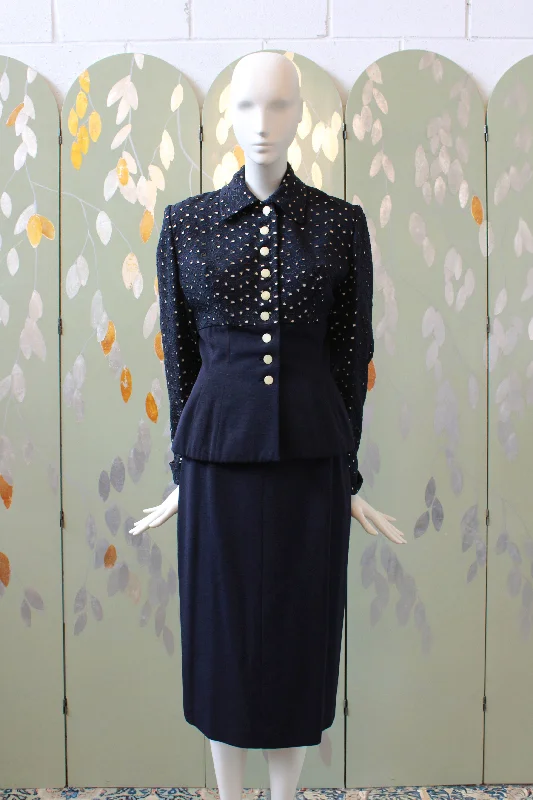 Vintage 1950s Blue Skirt Set With Fitted Eyelet Jacket, Lilli Ann XS Denim Fabric Leather Fabric Suede Fabric Vintage 1950s Blue Skirt Set With Fitted Eyelet Jacket, Lilli Ann XS Denim Fabric Leather Fabric Suede Fabric