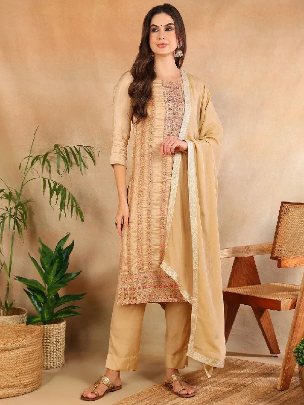Beige Chanderi Striped Woven Design Straight Kurta Trouser With Dupatta Trousers Denim Distressed Beige Chanderi Striped Woven Design Straight Kurta Trouser With Dupatta Trousers Denim Distressed