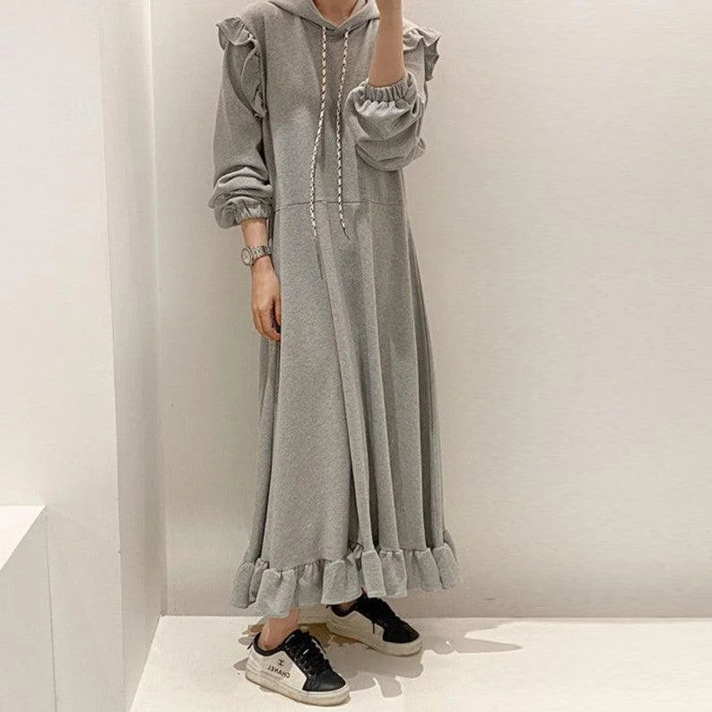 Pullover Dress Thickened Hooded Ruffled Long Shirred Sleeve Feminine