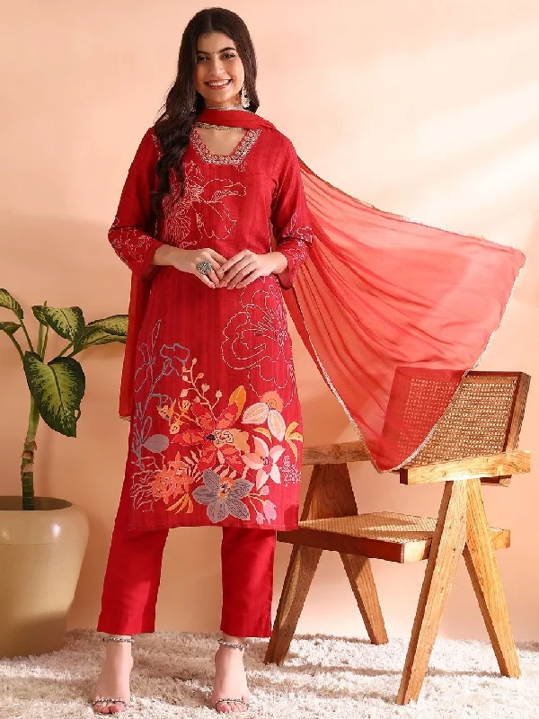 Red Silk Blend Floral Printed Straight Kurta Trousers With Dupatta Trousers Summer Linen Red Silk Blend Floral Printed Straight Kurta Trousers With Dupatta Trousers Summer Linen
