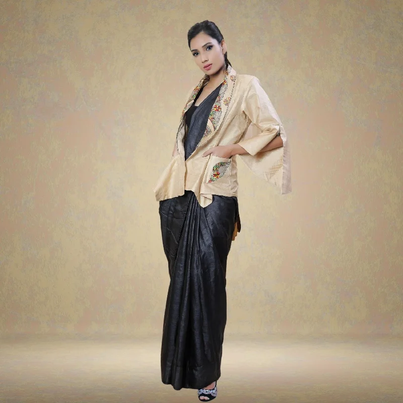 Belizzi Desi Tussar Silk Jacket | Madhubani Hand-Painted | Conch On Beige Nylon Fabric Polyester Fabric Spandex Fabric Belizzi Desi Tussar Silk Jacket | Madhubani Hand-Painted | Conch On Beige Nylon Fabric Polyester Fabric Spandex Fabric