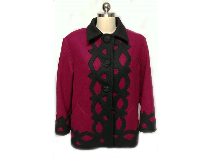 *VINTAGE 80S CINDY OWINGS DESIGNS JACKET W BLACK APPLIQUES COIL BUTTONS - MADE IN U.S.A. Boat Neck Shawl Collar Notched Collar *VINTAGE 80S CINDY OWINGS DESIGNS JACKET W BLACK APPLIQUES COIL BUTTONS - MADE IN U.S.A. Boat Neck Shawl Collar Notched Collar
