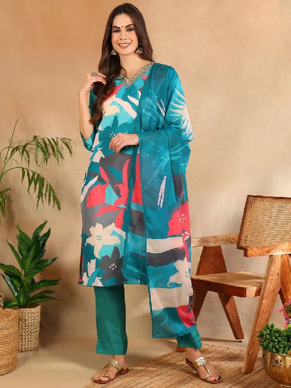 Teal Silk Blend Floral Printed Straight Kurta Trouser With Dupatta Trousers Lace Delicate Teal Silk Blend Floral Printed Straight Kurta Trouser With Dupatta Trousers Lace Delicate
