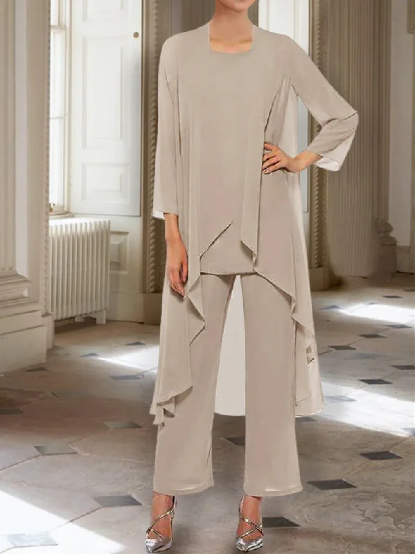 Chiffon Round Neck 3/4 Length Sleeves Ankle-Length Mother of the Bride Pantsuits with Jacket Fitted Jacket Loose Jacket Oversized Jacket Chiffon Round Neck 3/4 Length Sleeves Ankle-Length Mother of the Bride Pantsuits with Jacket Fitted Jacket Loose Jacket Oversized Jacket