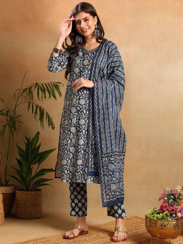 Navy Blue Rayon Blend Floral Printed Straight Kurta Trousers With Dupatta Trousers Denim Blue Navy Blue Rayon Blend Floral Printed Straight Kurta Trousers With Dupatta Trousers Denim Blue