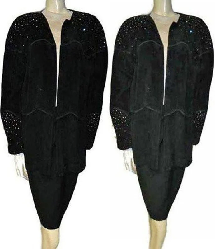 *VINTAGE CACHE DAZZLING SPARKLING RHINESTONE BLACK SUEDE JACKET Knit Jacket Woven Jacket Fleece Jacket *VINTAGE CACHE DAZZLING SPARKLING RHINESTONE BLACK SUEDE JACKET Knit Jacket Woven Jacket Fleece Jacket