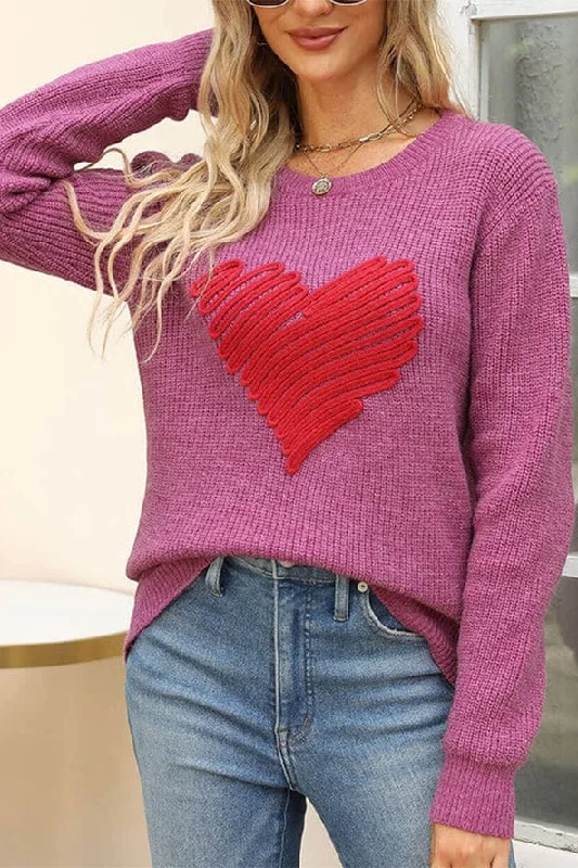 Valentine's Day Contrast Heart Knit Pullover Sweater Bardot Neck Top