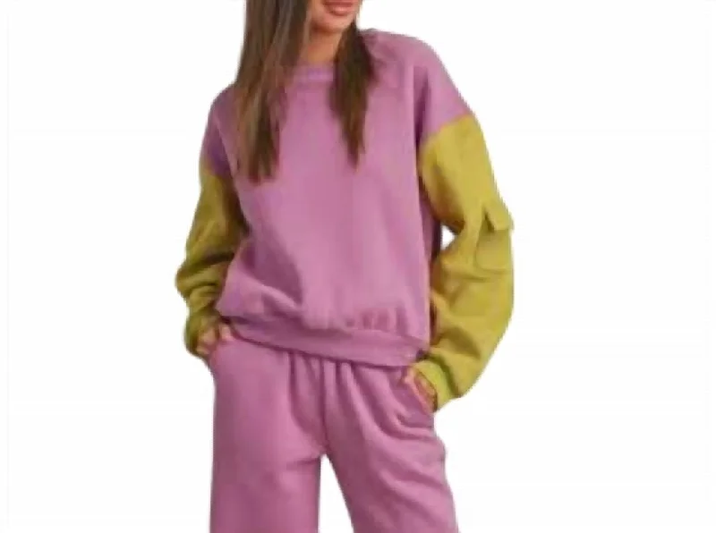Fleece Lined Pullover In Purple/green Flutter Sleeve Feminine