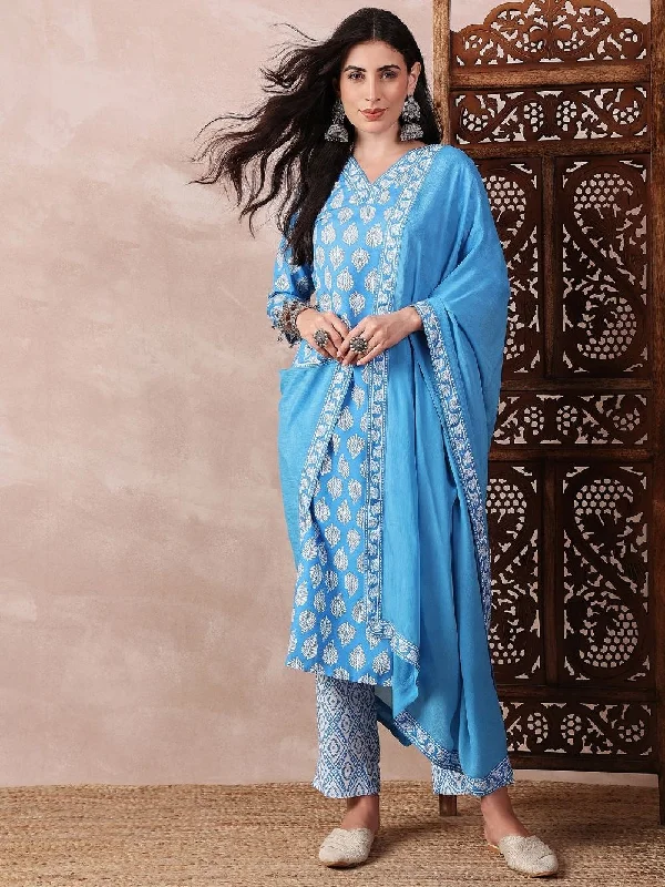 Blue Rayon Blend Floral Printed Straight Kurta Trouser With Dupatta Trousers Occasion Special Blue Rayon Blend Floral Printed Straight Kurta Trouser With Dupatta Trousers Occasion Special