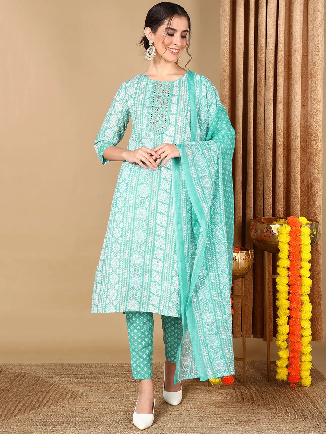 Ahika Women Turquoise Blue Pure Cotton Ethnic Motifs Printed Embroidered Kurta Trouser With Dupatta Trousers chic fashionable Ahika Women Turquoise Blue Pure Cotton Ethnic Motifs Printed Embroidered Kurta Trouser With Dupatta Trousers chic fashionable