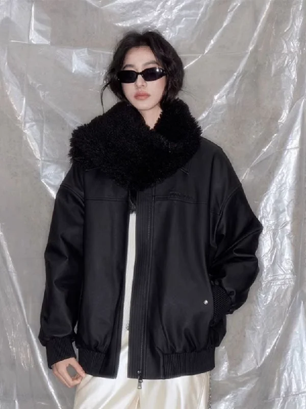 Black Matte Leather Loose Jacket 【s0000005619】 Elasticated Jacket Padded Jacket Insulated Jacket Black Matte Leather Loose Jacket 【s0000005619】 Elasticated Jacket Padded Jacket Insulated Jacket